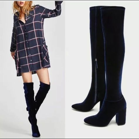 Suede Boots Outfit, Blackpink Lightstick, Zara Trends, Blue Velvet Boots, Zara Ankle Boots, Blue Suede Boots, Kitten Heel Boots, Thigh High Suede Boots, Fabric Boots