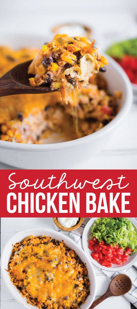 Southwest Chicken Bake- make this yummy main dish and enjoy! from www.thirtyhandmadedays.com Southwest Style Chicken Bake, Southwest Shredded Chicken, Southwest Chicken Bake, Jail Food, Southwest Chicken Casserole, Southwest Recipes, Southwestern Recipes, Meal Train Recipes, Southwest Chicken