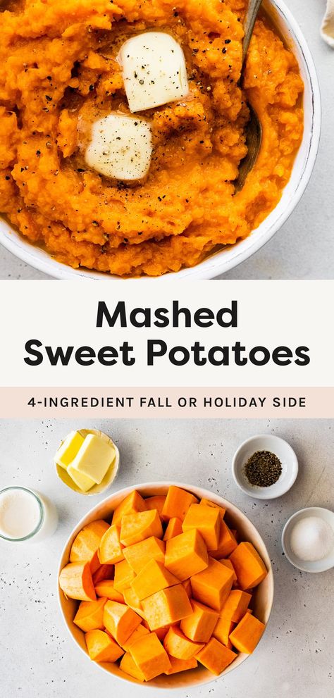 These mashed sweet potatoes are super creamy and easy to make with just 4 simple ingredients. It's the perfect side dish for fall dinners or the holiday meals. Roasted Mashed Sweet Potatoes, Butternut And Sweet Potato Recipes, Mashed Sweet Potato Recipes Healthy, Healthy Mashed Sweet Potatoes, Mashed Sweet Potato Recipes, Mashed Sweet Potato Recipe, Potato Recipes Healthy, Recipes Healthy Clean Eating, Mashed Sweet Potatoes Healthy