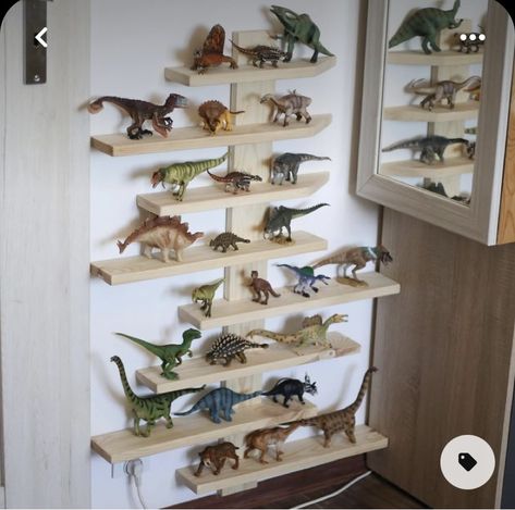 Shelves For Dinosaurs, Dinosaur Inspired Bedroom, Dinosaur Big Boy Room, Dinosaur Bedroom Decor Ideas, Dinosaur Display Ideas, Dinosaur Jungle Room, Dino Decor Bedroom, Dinosaur Dorm Room, Dinosaur Toy Display