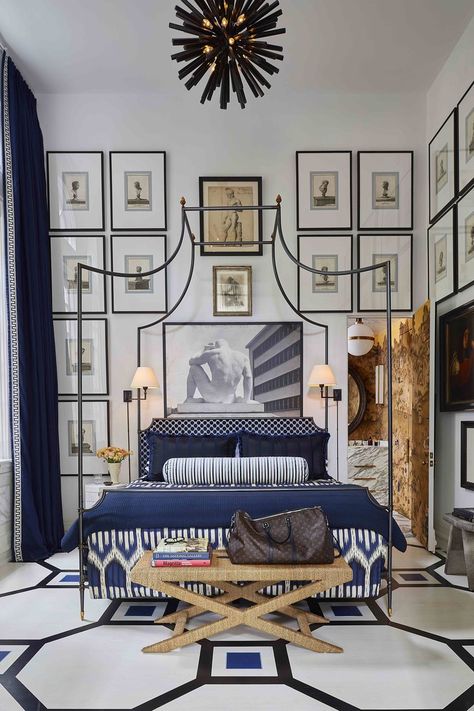 HIGHLAND PARK PIED-À-TERRE — Andrew Brown Interiors Parisian Hotel, Geometric Floor, Indigo Fabric, Bachelor Pad, Brown Interior, Style Deco, Canopy Bed, Painted Floors, Luxurious Bedrooms