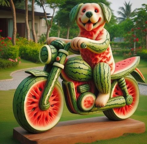 Dog Riding Bike, Fruit Creations, Fruit Animals, Watermelon Art, Food Art For Kids, Food Sculpture, Amazing Food Decoration, Banana Art, Amazing Food Art