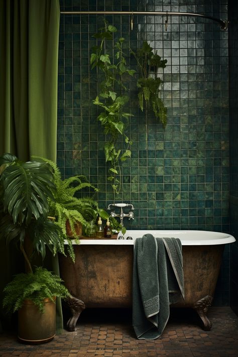 Green bathroom oasis featuring quirky pottery, terracotta touches, and lush plants, inspired by Victorian Glasgow. Baie Vintage, Victorian Style Bathroom, Dark Green Bathrooms, Dark Bathroom Ideas, Green Tile Bathroom, Cottagecore Kitchen, Farmhouse Bathroom Design, Dark Bathrooms, Boho Bathroom Decor