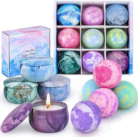 OFUN Bath Bombs & Scented Candles Gift Set, Large Bombs for Women Gifts, Spa Gift Idea for Girls, Friends, Kids Girlfriends Mum Mother's Day Birthday | 5 Bubble Balls & 4 Organic Soy Candles Rainbow Bath Bomb, Bubble Bath Bomb, Beauty Products Gifts, Organic Bath Products, Spa Gifts Set, Relaxation Gifts, Essential Oil Candles, Gift Sets For Women, Candle Gift Set