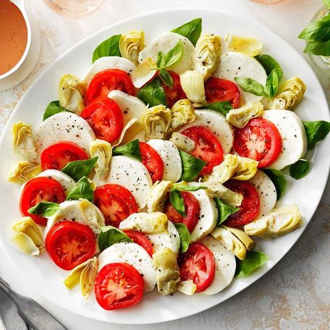 BelGioioso Artichoke Caprese Platter Recipe: How to Make It Low Sodium Appetizers, Artichoke Pasta Salad, Shrimp Pasta Salad, Artichoke Pasta, Tomato Mozzarella, Bean Casserole, Tomato Salad, Pasta Salad Recipes, Low Sodium