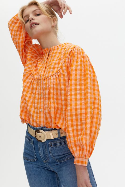 48 pretty summer blouses from the high street (including an Instagram favourite from Sezane) - YOU Magazine Black Satin Blouse, Gingham Blouse, Blouse Necklines, Orange Gingham, Pink Long Sleeve Blouse, Women White Blouse, Oliver Bonas, Blouse Material, Summer Blouses