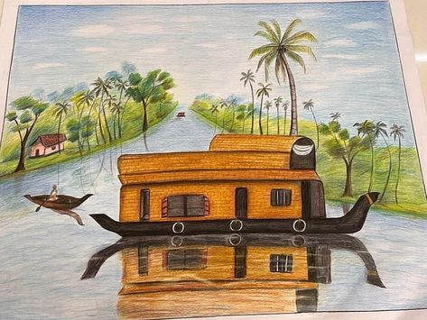 Houseboat Drawing, Drawing Colour Pencil, Colour Pencil Drawing, Colour Pencil, Houseboat, Color Pencil Drawing, Pencil Drawing, Kerala, Pencil Drawings