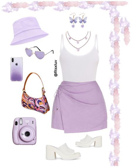 Lavender Accessories, Colorful Purse, Lavender Outfit, Lavender Skirt, White Outfits For Women, Purple Outfit, Purple Outfits, White Outfit, White Bodysuit