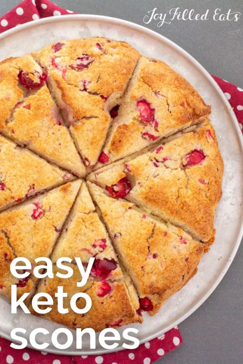 These Keto Scones are tender, moist, full of cranberries, and drizzled with a sweet orange glaze! Perfect for a holiday brunch or a weekend snack paired with a hot cup of coffee. Low carb scones are must-make for your upcoming holiday cravings. Keto Cranberry Scones, Keto Cranberry Bread, Keto Scones, Postres Keto, Keto Cakes, Bread Keto, Gluten Free Scones, Low Fat Low Carb, Homemade Scones