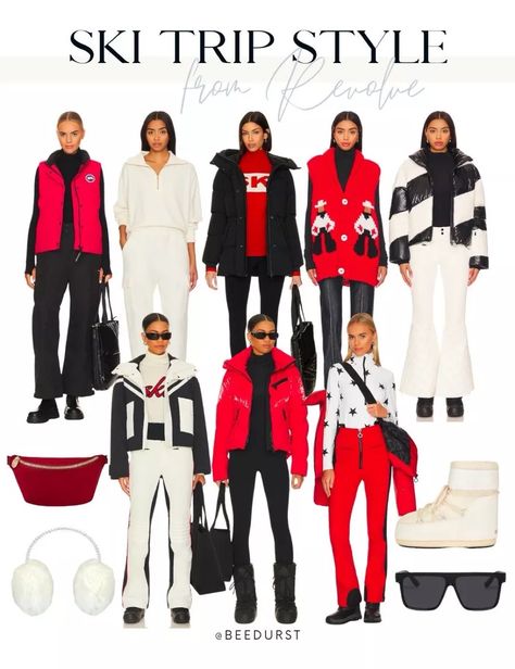 Ski trip style from revolve, ski trip outfit, winter outfit, winter coat, winter jacket, boots, skiing outfit, ski jacket, ski looks, ski trip looks, ski boots, winter hat, winter beanie, ski goggles, ski pants, ski bib, ski onesie, winter onesie, white ski boots, ear muffsler Red Ski Outfit, Ski Trip Outfits, Ski Trip Outfit, Womens Winter Fashion Outfits, Trip Outfits, Ski Trip, Cozy Outfit, Winter Fashion Outfits, Winter Wardrobe