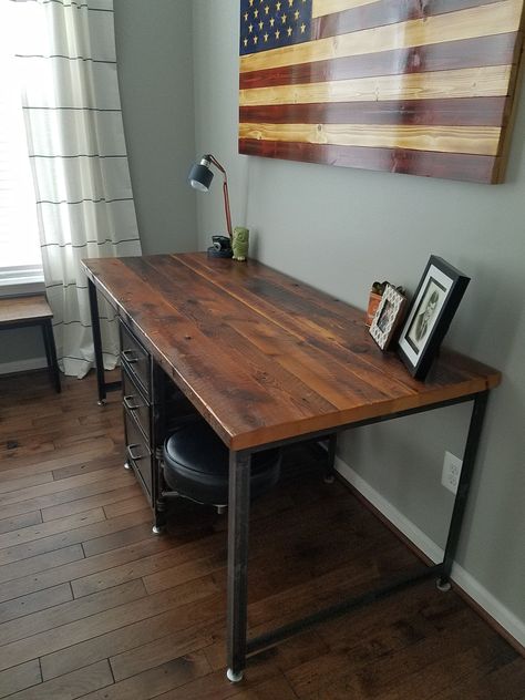 Wood Desk With Drawers, Industrial Desk, Home Office Desk The ultimate vintage industrial style desk!   Our custom built desk features a beautiful reclaimed wood top sealed with multiple coats of commercial grade varnish, mounted on a designer industrial style vintage base.  This model features 3 roomy storage drawers on heavy duty ball bearing glides, as well as 2 swing arm seats that not only swivel but are adjustable for height! Dimensions as shown are 76 wide, 30 deep and 30 tall, but of cou Industrial Wooden Desk, Wood Desk With Drawers, Built Desk, Boho Desk, Dark Wood Desk, Desk Antique, Wood Mosaic Tile, Industrial Style Desk, Industrial Home Offices