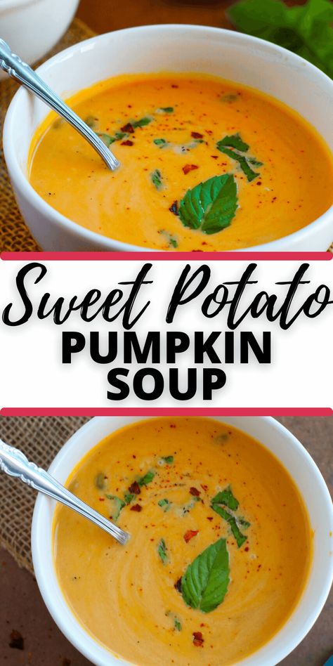 Sweet Potato and Pumpkin Soup is like getting a warm cozy hug on a crisp fall evening. You will dream about this creamy pumpkin soup. Pumpkin Soup Recipe Crockpot, Sweet Potato Pumpkin Soup, Healthy Pumpkin Soup, Soup Recipe Crockpot, Pumpkin Sweet Potato Soup, Pumpkin Soup Easy, Pumpkin Soup Healthy, Sweet Potato Pumpkin, Sweet Potato Soup Recipes