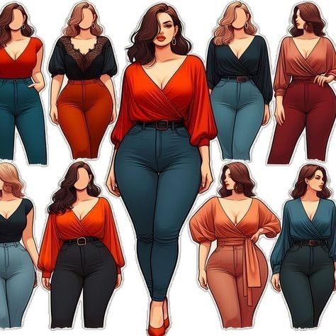 Hourglass Figure Outfits, Seasonal Palette, Illustration Face, Fashion Illustration Face, Kibbe Romantic, Curvy Casual Outfits, Moda Curvy, Chubby Fashion, Look Plus Size