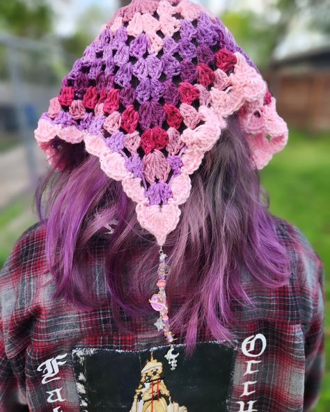 I made my very own crochet bandana but made it have a cute border using a ch3-picot in the corner. 🌸 What do we think 🤔🩷 . Side note: I be repping some @fatal.occult merch! They make awesome flannels, beanies, and gorh/grunge jewelry :) . #crochetersoftheworld #crochetersofinstagram #crochetart #crocheter #crochetig #foryou #explore #supportsmallbusiness Occult Crochet, Museum Wall, Cute Border, Crochet Bandana, Cute Borders, Grunge Jewelry, Crochet Work, In The Corner, Crochet Inspiration