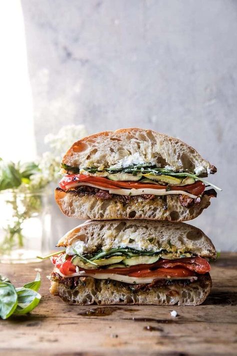 Marinated Veggie Cheese Sandwich with Sun-Dried Tomato Pesto | halfbakedharvest.com #easyrecipe #summer #sandwhich #healthyrecipes #dinner #easy #lunch Best Vegetarian Sandwiches, Vegetarian Sandwich Recipes, Marinated Vegetables, Vegetarian Sandwich, Veggie Sandwich, Tomato Pesto, Half Baked, Half Baked Harvest, Cheese Sandwich