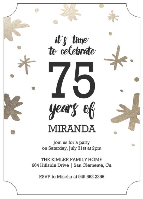 Celebrate 75 Years BIrthday Party Invitations:  Your guests will definitely know that it’s a 75th birthday when you send these festive invites! 75th Birthday Card, 75th Birthday Invitations, 75 Birthday, Happy 75th Birthday, 75th Birthday Parties, Glitter Birthday Parties, Diy Wedding Invitations Templates, Birthday Invitation Card, Custom Birthday Invitations