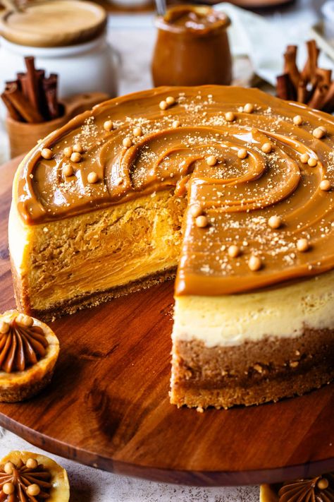 Dulce de Leche Cheesecake with graham cracker crust, creamy cheesecake, and dulce de leche swirl. Cheesecake Mexicano, Brownie Base Cheesecake, Best Cheesecake Recipe Ever, Fall Cheesecake Flavors, 4 Inch Cheesecake, Funnel Cake Toppings, Dulce Cheesecake, Double Layer Cheesecake, Elegant Cheesecake