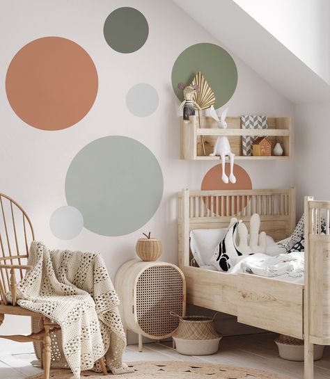 Painted Circles On Wall Ideas, Large Circle Wall Decor, Circle On Wall Painting, Circle Wall Paint, Playroom Wall Paint, Kids Wall Paint Ideas, Painted Circle On Wall, Playroom Wall Paint Ideas, Wall Painting Ideas Kids Room