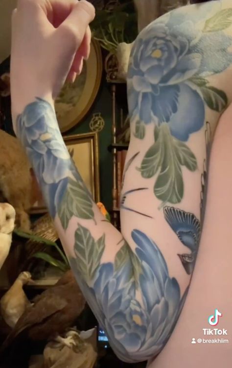 this is mine! breakhiim on tiktok, mybloodyvalentinae on insta :) Flower Vine Tattoo Arm Sleeve, Blue Porcelain Tattoo, Bird Flower Tattoo, Lavender Tattoos, Bird And Flower Tattoo, Blue Flower Tattoos, Lavender Tattoo, A T, Full Sleeve Tattoos