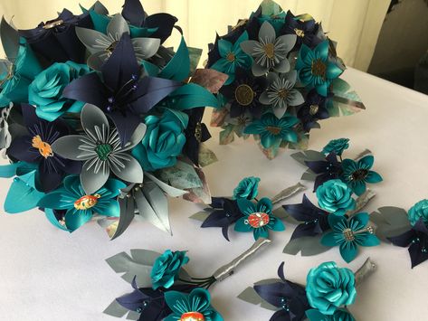 Silver And Turquoise Wedding, Navy Gray Wedding, Turquoise Wedding Bouquets, Teal Wedding Bouquet, Tree Themed Wedding, Teal And Grey Wedding, Dark Teal Weddings, Black Silver Wedding, Silver Wedding Theme