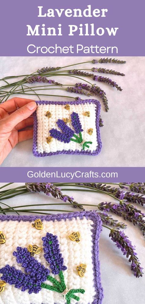 How to crochet lavender mini pillow for decorating tiered trays, tables, shelves, or using as a pincushion, free crochet pattern Decorating Tiered Trays, Crochet Lavender, Crochet Pincushion, Small Crochet Gifts, Crochet Thread Size 10, Pillow Crochet, Crochet Supplies, Bee Crafts, Crochet Home Decor