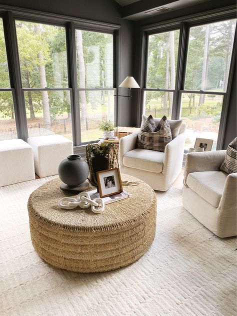 Shop Farmscape and other curated products on LTK, the easiest way to shop everything from your favorite creators. Dark Sunroom Ideas, Moody Sunroom, Black Sunroom, Sunroom Furniture, Home Inside, Screened In Porch, Living Room Inspo, Round Coffee Table, Black Box