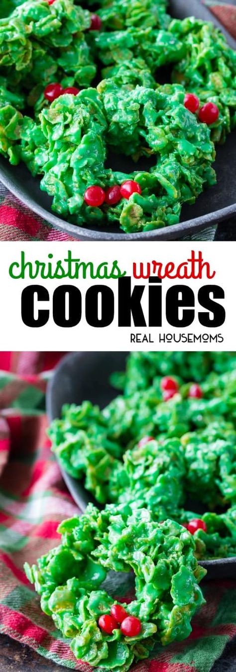 Christmas Wreath Cookies are a festive, fun, and tasty Christmas dessert. These cornflake wreaths are fun to make & easy enough that kids can help too! Wreaths Cookies, Green Christmas Wreaths, Cornflake Wreaths, Christmas Wreath Cookies, Dessert Holiday, Chocolate Chip Shortbread Cookies, Quick Cookies, Wreath Cookies, Toffee Cookies