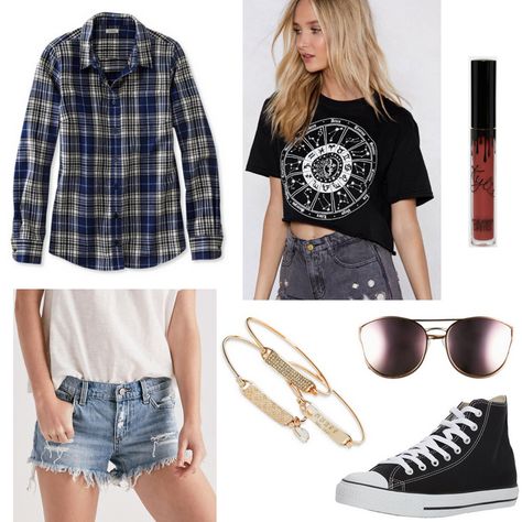 Music festival outfit idea: Cropped tee shirt, flannel shirt, ripped denim shorts, stack of bracelets, dark lipstick, sunglasses, black converse Concert Outfit Converse, Converse Party, Music Midtown, Gig Outfit, Outfit Converse, Converse Shirt, College Outfits Casual, College Outfits Spring, College Outfits Winter