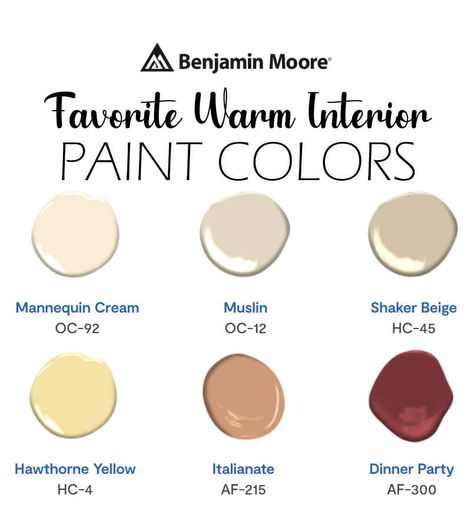 Benjamin Moore Favorite Warm Interior Paint Colors - Interiors By Color Cocoa Butter Benjamin Moore, Benjamin Moore Buttermilk, Benjamin Moore Warm Neutrals, Camel Paint Color, Warm Interior Paint Colors, Shaker Beige Benjamin Moore, Hawthorne Yellow, Shaker Beige, Paint Color Combos