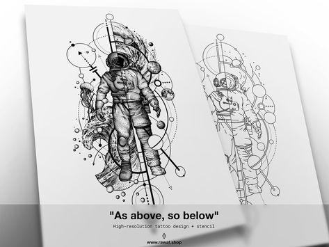 Astronaut Tattoo Design, Diver Tattoo, Astronaut Tattoo, Tattoo Dotwork, Sea Tattoo, Dotwork Tattoo, Galaxy Tattoo, Underwater Theme, As Above So Below