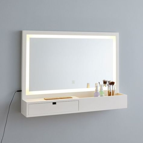 Wall Mount Vanity Makeup, Makeup Mirror With Storage, Wall Mount Makeup Vanity, Led Bathroom Mirror With Storage, Wall Mounted Vanity Bedroom, Makeup Shelves On Wall, Floating Make Up Vanity, Wall Makeup Storage, Wall Vanity Floating