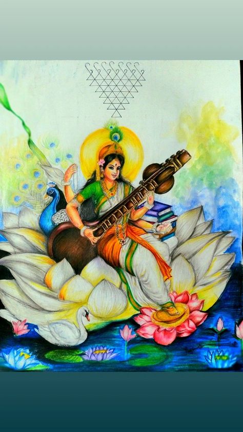 Sarasvati Ma Painting, Ma Saraswati Painting, Lord Saraswati Drawing, Sarasvati Ma Drawing, Indian Culture Drawing Ideas, Saraswati Canvas Painting, Ma Saraswati Drawing, Lord Saraswati Painting, Sarswati Maa Paintings