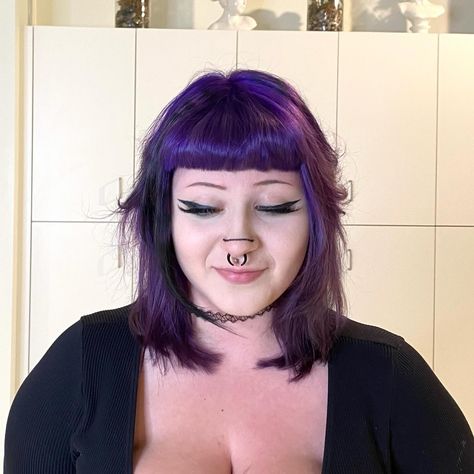 💜⛓️😈🧷✝️🖤 8 weeks ago we did a black to orange transformation, and the orange faded to yellow. This time around she wanted to go purple, and so I used the contrasting base to my advantage to deepen the purple and add more dimension <3 +more feathered stripes this time 💜🪽 ⛓🧷 𝐃𝐌 𝐓𝐎 𝐁𝐎𝐎𝐊 🦇-𝔐™ 🤍 ✮ ✮ ✮ ✮ ✮ #halifaxhair #halifaxqueer #halifaxhairstylist #hairgoals #hairstyles #haircolor #hairtransformation #hairfashion #alternativehair #babylisspro #curtainbangs #shag #mullet #bangs #colorobses... Shag Mullet With Bangs, Purple Bangs, Purple Highlights With Bangs, Purple Mullet, Black And Purple Wolfcut, Black And Purple Shag Hair, Long Purple Hair With Bangs, Purple Hair With Bangs Aesthetic, Curtain Bangs