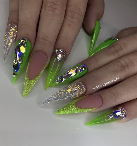 Nail Designs Bling, Neon Green Nails, August Nails, Tie Dye Nails, Fantasy Nails, Long Acrylic Nail Designs, Nails Design With Rhinestones, Sparkle Nails, Bling Acrylic Nails