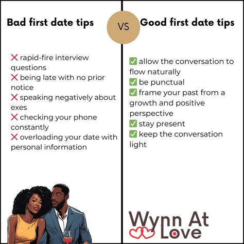 Bad first date tips vs Good first date tips ‼️ Ready to meet Mr. Right and take one step closer to your Kingdom marriage? We created a 12-week dating challenge to help Black Christian women meet and date eligible Christian suitors — guaranteed! (Or we’ll work with you for free until you do) 🥳🎉🎊 DM “Help” for more information! #wynnatlove #christiandating #christianmarriage #christianrelationships #godlydating #godlymarriage #godlywife #godlyhusband #godlyrelationship #christianrelationsh... Dating Challenge, Kingdom Marriage, Date Tips, Fun First Dates, First Date Tips, Godly Dating, Christian Relationships, Christian Dating, Godly Relationship