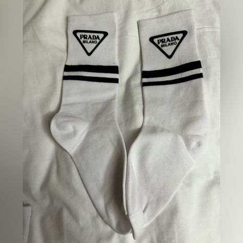 Prada White Logo Cotton Socks Prada Accessories, Cotton Socks, Mid Calf, Hosiery, Prada, Socks, Fashion Outfits, ? Logo, Brand New