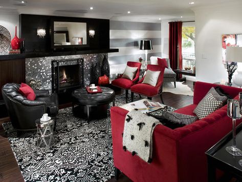 Candace Olson, again!! Black And Red Living Room, White Family Rooms, Red Living Room Decor, Black And White Living Room Decor, Silver Living Room, Black Living Room Decor, White Living Room Decor, Furnitur Ruang Keluarga, Red Living