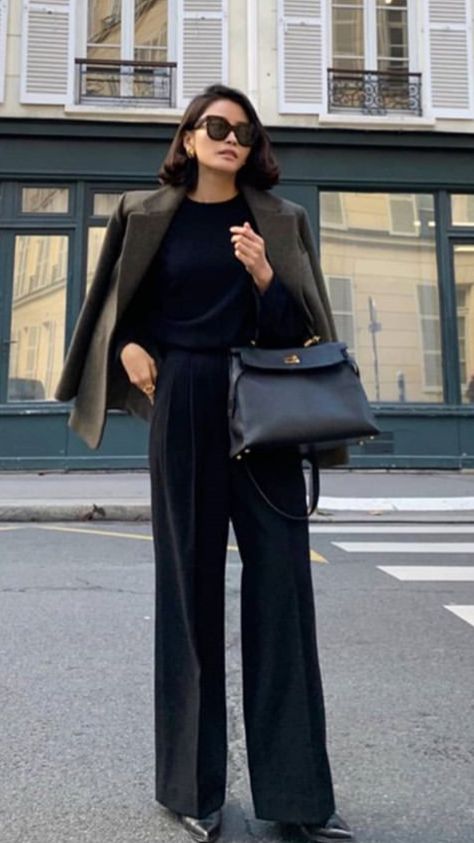 Dark Green Office Outfit, Fall Office Fashion 2024, Dark Business Outfits, Dark Green Style Outfits, Dark Office Outfits Women, Dark Green Shoes Outfit, Dark Minimalist Fashion, Lydia Tar Outfits, Black Tailored Trousers Outfit