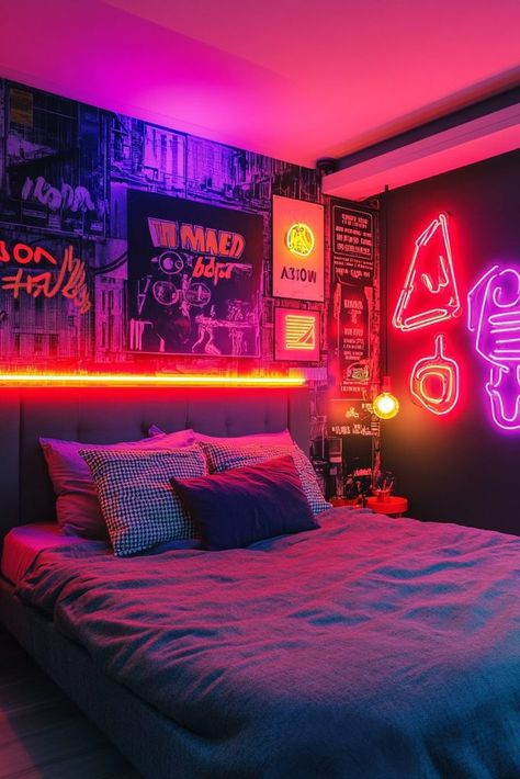 Cyberpunk Room Interiors, Cyberpunk Interior Design, Scifi Room, Bedroom Decor Design Ideas, Cyberpunk Bedroom, Punk Bedroom, Small Room Inspo, Cyberpunk Apartment, Cyberpunk Interior