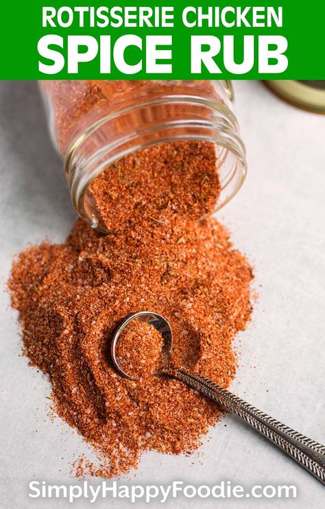 Rotisserie Chicken Spice Rub is a delicious spice blend for chicken, pork, potatoes, corn, and more! Rub this chicken seasoning blend onto a whole chicken before roasting. simplyhappyfoodie.com #spicerub chicken spice rub #chickenspiceblend Chicken Spice Rub, Chicken Rub Recipes, Pork Potatoes, Rotisserie Chicken Seasoning, Chicken Seasoning Recipes, Homemade Rubs, Potatoes Easy, Homemade Fajita Seasoning, Dry Rub Recipes