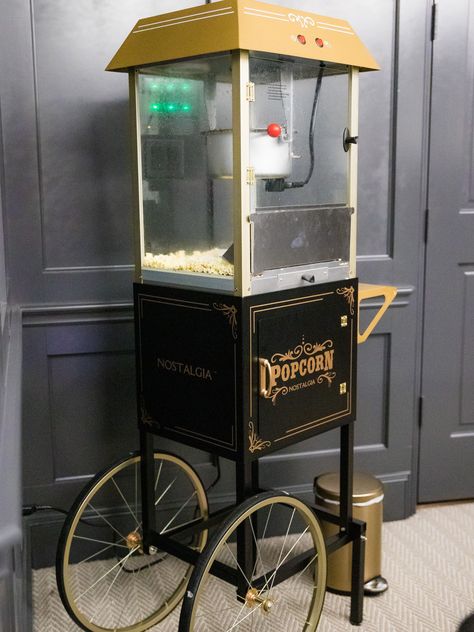 Popcorn Machine In Home Decor, Popcorn Machine In Home, Downtown House, Popcorn Station, Barbershop Ideas, Gold Popcorn, Whiskey Room, Diy Mom, Home Cinema Room