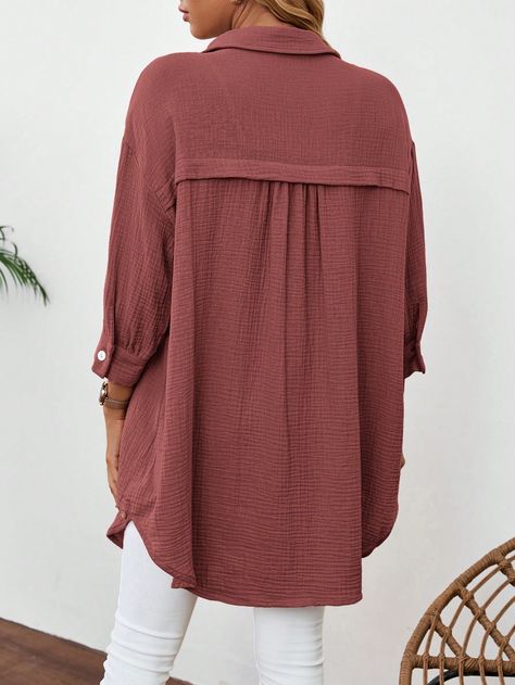 Women's Solid Color Minimalist Casual Long Sleeve Shirt, Blouse Redwood Casual  Long Sleeve Woven Fabric Plain Shirt Non-Stretch  Women Clothing, size features are:Bust: ,Length: ,Sleeve Length: Color Caoba, Color Minimalist, Velvet T Shirt, Plain Shirt, Casual Long Sleeve Shirts, Plain Shirts, Elegant Dresses Long, Casual Tank Tops, Kids Sleepwear