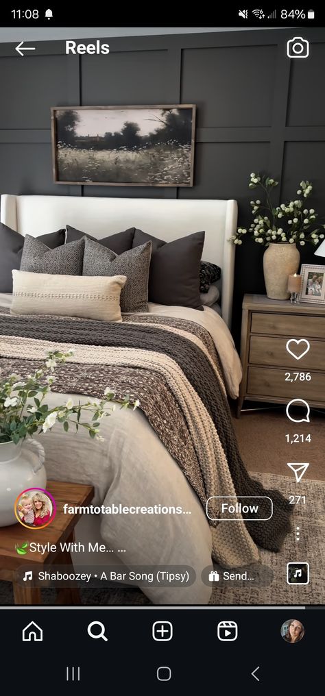 Master Bedrooms Dark Carpet, Moody Bedroom Grey Headboard, Dark Carpet Bedroom, Popular Bedroom Colors, Master Tufted Bedroom Design, Moody Bedroom Curtains & Drapes, Dark And Moody Bedroom Beds & Bed Frames, Dark Carpet, Bedroom Goals