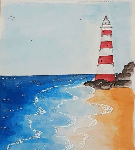 Lighthouse Beach Painting, Sunset Beach Painting Acrylic Easy, Watercolor Lighthouse Paintings, Lighthouse Painting Easy, Lighthouse Aesthetic, Lighthouse Paintings, Watercolor Painting Easy, Coastal Creations, Beach Lighthouse