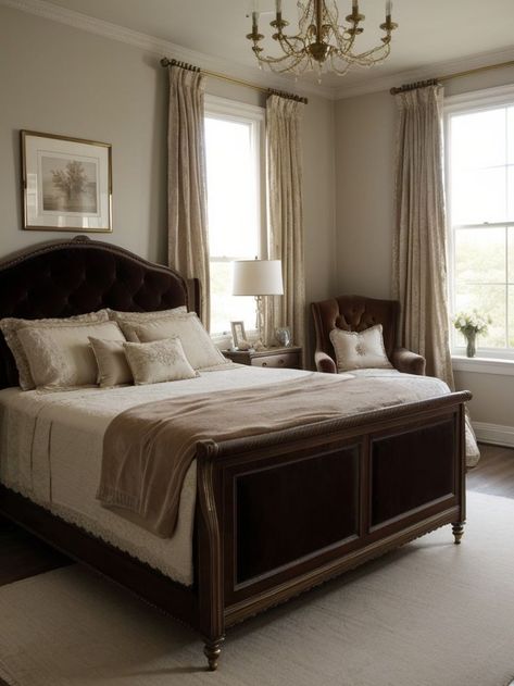 1800 Bedroom Aesthetic, Manly Guest Room, Bedroom With Asymmetrical Windows, Light Academia Room Aesthetic Bedroom, Parisian Room Bedrooms, Bedroom Inspirations Wooden Bed, Velvet Bedroom Curtains, Light Academia Bedroom Aesthetic, Light Academia Interior