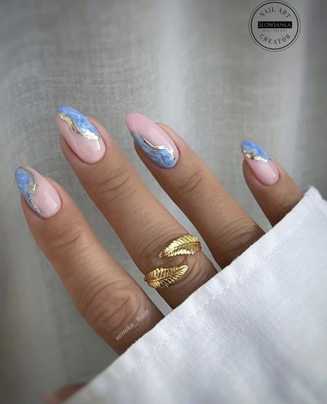 Blue Gold Nails, Light Blue Nails, Baby Blue Nails, Girly Acrylic Nails, Summery Nails, Casual Nails, Blush Nails, Short Square Acrylic Nails, Blue Nail Designs