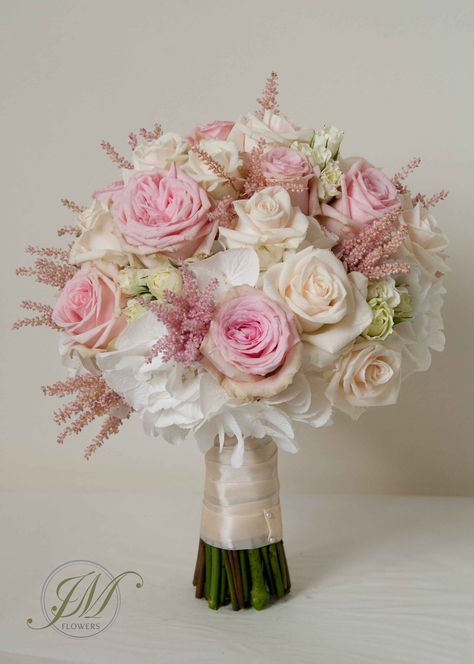 White, pale pink and cream Bridal Bouquet made of pink roses, Cream roses, white spray roses, White hydrangea and pale pink astilbe. Pink And Ivory Bridal Bouquet, Pink Mondial Rose Bouquet, Bridal Bouquet Hydrangea And Roses, Pink And Cream Bouquet, White And Pink Bouquet Wedding, White And Pink Bridal Bouquet, Pink And White Bouquet Wedding, Bridal Bouquet Pink And White, Pink And White Flower Bouquet