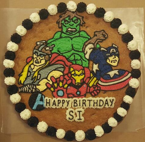 Avengers Cookie Cake Avengers Cookie Cake, Superhero Cookie Cake, Happy Birthday Cookie Cake, Avengers Cookies, Birthday Cookie Cake, Superhero Cookies, Cookie Cake Designs, Happy Birthday Sis, Happy Birthday Cookie