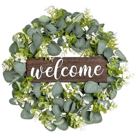 Primrue Farmhouse Porch Wall Decor | Wayfair Rustic Front Door Decor, Eucalyptus Design, Porch Wall Decor, Rustic Front Door, Silk Wreaths, Artificial Plants Decor, Summer Front Door Wreath, Artificial Eucalyptus, Wooden Welcome Signs