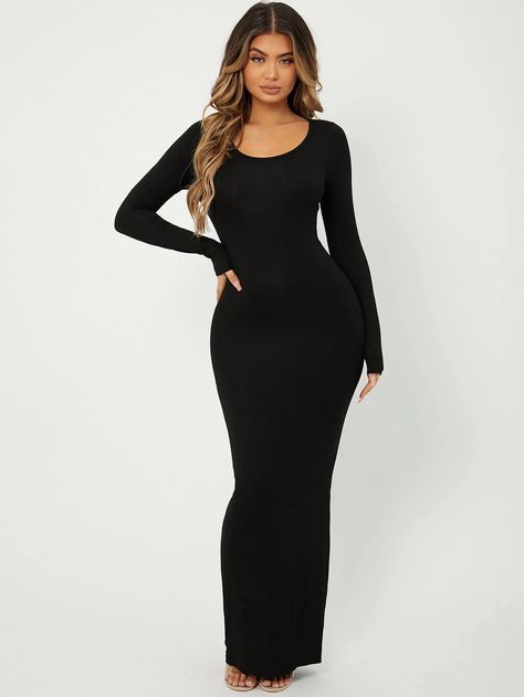 SHEIN SXY Solid Maxi Bodycon DressI discovered amazing products on SHEIN.com, come check them out! Maxi Bodycon Dress, Striped Tunic Dress, Neck Bodycon Dress, Ribbed Knit Dress, Ruffle Hem Dress, Black Bodycon Dress, Long Sleeve Bodycon, Womens Casual Outfits, Party Dresses For Women